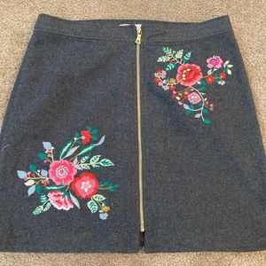 Loft Skirt with Zipper and Floral Embroidery Detail